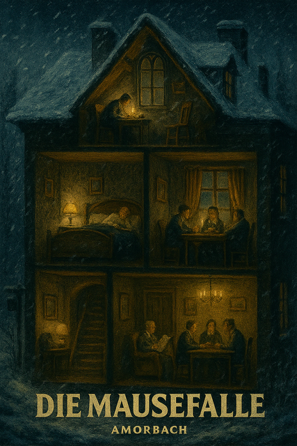 

🖼️ „Die Mausefalle – Haus der Schatten“

Amorbach, Schneesturm, Verdacht in jedem Zimmer

Ein viktorianisches Haus im nächtlichen Schneesturm – von außen düster und verweht, von innen durchleuchtet wie ein Bühnenbild des Verdachts. Vom Keller bis zum Dachboden offenbart sich ein Panorama der Geheimnisse:

• Im Dachgeschoss schreibt ein junger Mann bei Kerzenschein – Flucht oder Geständnis?
• Im Schlafzimmer ruht eine Frau mit wachem Blick – träumt sie oder täuscht sie?
• Am Kamin liest ein alter Herr, während im Nebenzimmer ein Trio schweigt, tuschelt, plant?
• Im Keller sortiert ein Schatten Vorräte – oder Beweise?


Jede Etage erzählt eine Geschichte. Jede Figur ein mögliches Motiv. Und draußen tobt der Schneesturm, als wolle er die Wahrheit verwehen.

Ein visuelles Echo von Agatha Christies „Die Mausefalle“ – inszeniert in Amorbach, wo selbst die Tapeten zu lauschen scheinen.
