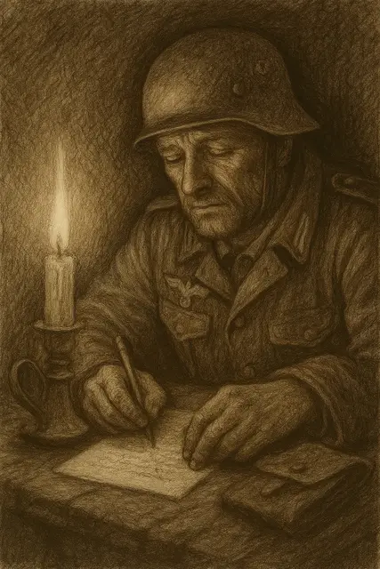 Soldat schreibt einen Feldpostbrief an zu Hause. Gestaltung per PC : Roland Schönmüller 