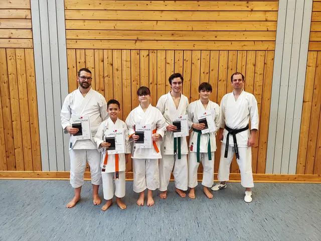 Von links nach rechts: Patrick Schaab (9. und 8. Kyu), Josef Zimmermann (6. Kyu), Lina Sendler (6. Kyu), Phil Bätz (5. Kyu), Fynn Sendler (5. Kyu) | Foto: Niclas Maniura