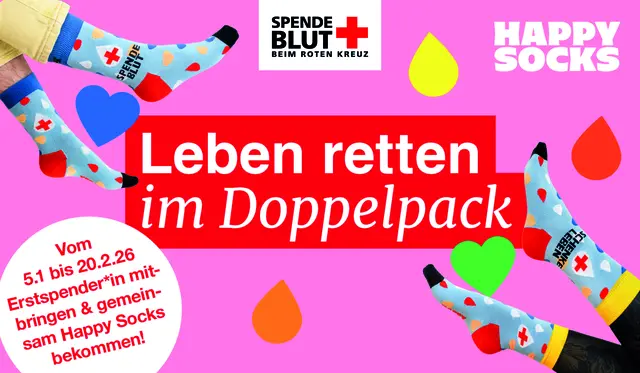 Spenderinnen und Spender werben Erstspenderinnen und Erstspender: Leben retten im Doppelpack gegen ein Doppelpack Socken im Blutspende-Design 

 | Foto: DRK-Blutspendedienst Baden-Württemberg-Hessen, gemeinnützige GmbH | DRK-Blutspende_Happy Socks  
