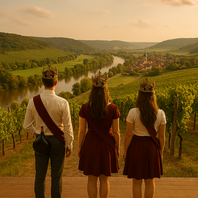Drei Wein-Hoheiten blicken vom Weinberg ins Tal 