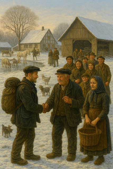 Mariä Lichtmess im Odenwald, um 1902:
Ein Knecht verabschiedet sich vom Bauern, während eine neue Magd begrüßt wird. Die Bauernfamilie – Ehefrau, Kinder, Mägde und Knechte – versammelt sich gut gelaunt im verschneiten Hof. Pferde, Kühe und Ziegen stehen am Dorfteich, Scheune und Stallungen rahmen die Szene. Ein heller Wintertag markiert den stillen Neubeginn im bäuerlichen Jahreslauf.