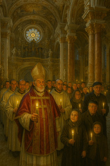 Lichterprozession zu Mariä Lichtmess in der Benediktinerabtei Amorbach:
Der Abt führt Ordensmänner und Gläubige aller Generationen durch das festlich erleuchtete Kirchenschiff. Kinder, Erwachsene und Ältere tragen Kerzen, während die barocke Architektur in warmem Licht glänzt. Durch die Bögen fällt der Blick auf den verschneiten Innenhof mit kahlen Bäumen, Sternenhimmel und Mondsichel – ein feierlicher Moment zwischen Glauben, Geschichte und beginnendem Neubeginn.