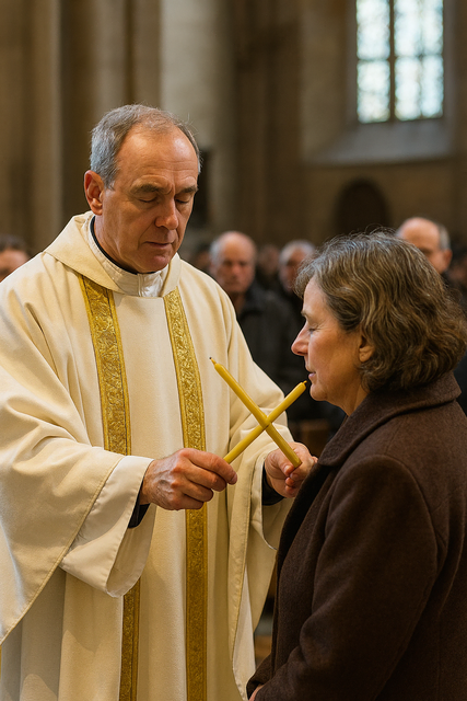 „Durch die Fürsprache des heiligen Blasius…“ – Ein Priester spendet den traditionellen Blasiussegen in einer stillen, würdevollen Szene, die Generationen verbindet und den Atem der Hoffnung durch das Kirchenlicht trägt.