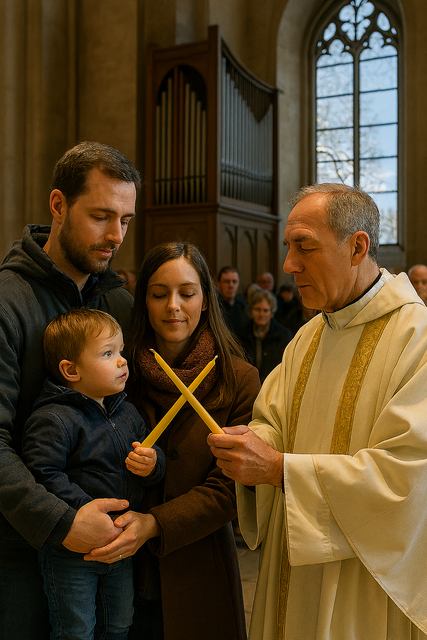 
„Ein Segen für die ganze Familie“ – Der Priester kreuzt die Kerzen über Vater, Mutter und Kind, während durch das hohe Kirchenfenster die Februarsonne auf die verschneite Landschaft fällt und die Orgel im Hintergrund leise atmet.

Blasiussegen in der Pfarrkirche: Ein Priester spendet einer jungen Familie den traditionellen Schutzsegen, während Gläubige im Hintergrund und ein Blick durch das Kirchenfenster auf die winterliche Februarlandschaft die Szene rahmen.

Zwischen Orgelpfeifen und Winterlicht empfängt eine Familie den Blasiussegen – ein Moment, in dem Kerzenkreuz, Elternhände und Kinderblick zu einem stillen Bild des Vertrauens verschmelzen.

Familie im Februarlicht: Der Blasiussegen verbindet Generationen.

„Durch die Fürsprache des heiligen Blasius…“ – Eine junge Familie tritt vor den Priester, während hinter ihnen die Orgel schweigt und das verschneite Kirchenfenster den Segen in winterliches Licht taucht.


