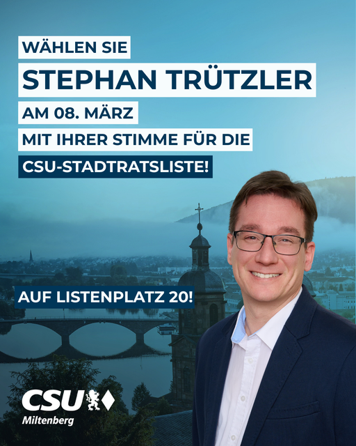 Stephan Trützler, 44, Groß‑ und Außenhandelskaufmann im Bereich Trinkwasseranalytik, gebürtiger Miltenberger und förderndes Mitglied bei Musikverein und Feuerwehr – mit klarem Blick für Infrastruktur, Bahnhofsgelände und ärztliche Versorgung in unserer Stadt.