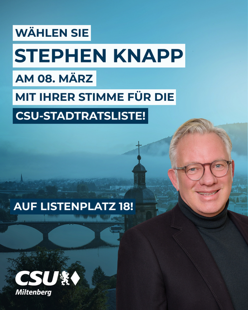Stephen Knapp, 57, Architekt und Familienvater, engagiert im Lions Club, im Sportverein und im Förderkreis Historisches Miltenberg – für eine Stadtentwicklung, die wirtschaftlich tragfähig, sozial gerecht und kulturell lebendig bleibt.