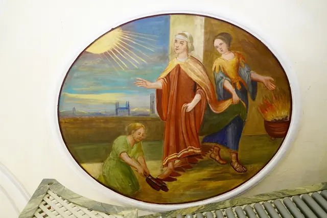  Pflugscharenprobe der Heiligen Kunigunde. Deckengemälde um 1726 in der Barockpfarrkirche St. Ägidius in Lahm im Frankenwald. Foto Roland Schönmüller