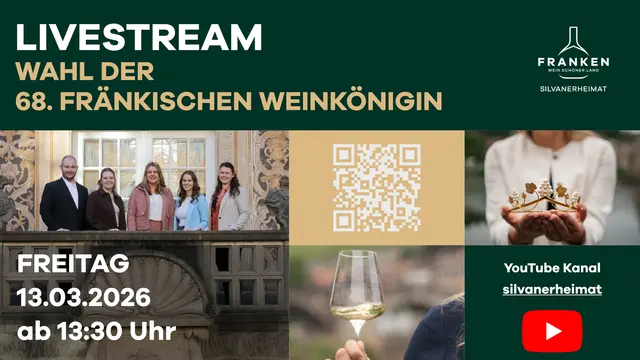 Die Wahl der 68. Fränkischen Weinkönigin live im Internet verfolge: Auf YouTube wird die Wahl zur 68. Fränkischen Weinkönigin am 13.03.2026 ab 13:30 Uhr auf dem Kanal silvanerheimat übertragen.  | Foto: Gebietsweinwerbung Frankenwein-Frankenland GmbH