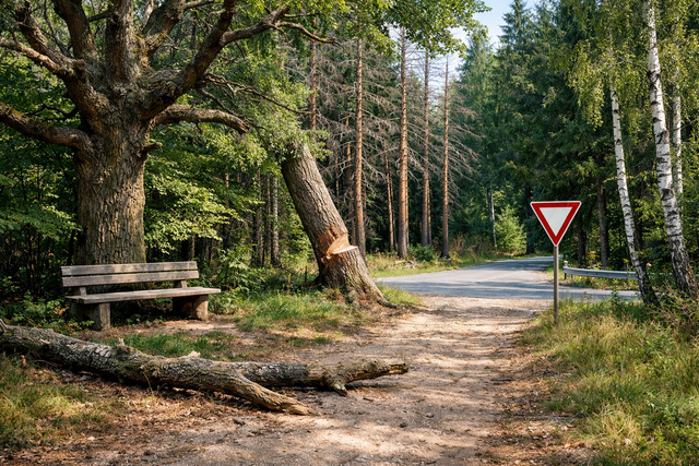 Totholzäste über einer Sitzbank, ein Baumstamm auf dem Weg, ein angesägter Baumstamm, abgestorbene Bäume am Straßenrand – beispielhaft zeigt dieses Foto wie Waldbesucher gefährdet sein können. | Foto: Katja Sander mit Einsatz von KI