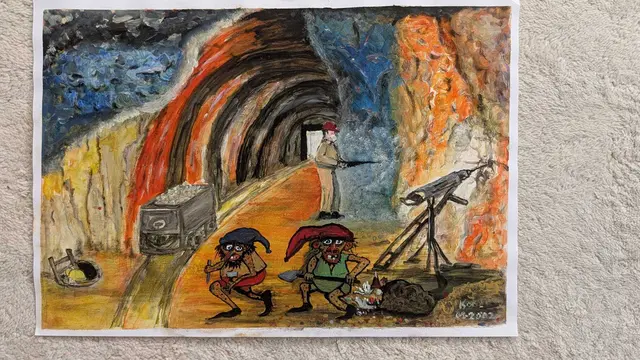 Bergwerk mit Berggeistern, Kobalt und Nickel
Öl und Acryl auf Papier, 63 x 44 cm
2002 | Foto: KOOL.
