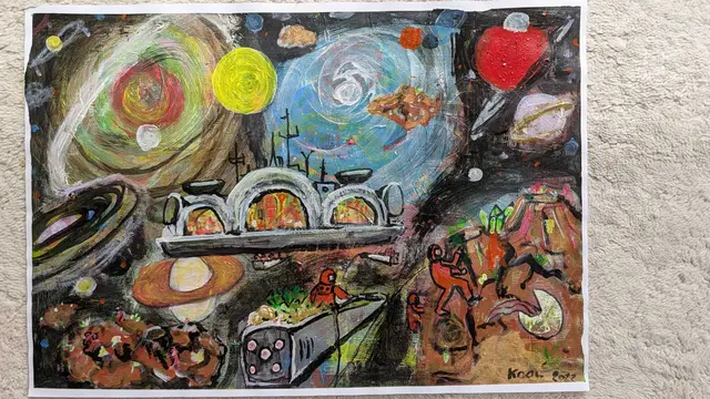 Erzabbau im Weltraum
Öl und Acryl auf Papier, 63 x 44 cm
2022 | Foto: KOOL.