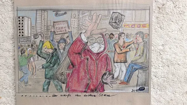 … der werfe den ersten Stein
Pastellkreide auf grauem Papier, 50 x 40 cm
2016 | Foto: KOOL.