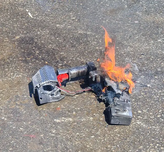 Keinesfalls dürfen Akkus und Batterien lose in die Container eingegeben werden, sonst besteht die Gefahr eines Brandes wie dieser beim Umschlag des Elektroschrotts. Foto: Kommunale Abfallwirtschaft | Foto: Winfried Zang