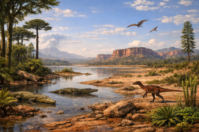Vor etwa 200 Millionen Jahren war das Gebiet um Miltenberg von üppigen Farnwäldern, Koniferen und flachen Seen geprägt. Zwischen den grünen Uferpflanzen ruhten urzeitliche Phytosaurier, während schlanke Coelophysis-Dinosaurier über die sandigen Ufer streiften. Über dem stillen Wasser kreisten Pterosaurier – ein friedlicher Moment in einer Welt, die sich langsam vom Wüstenklima der frühen Trias zur feuchteren Landschaft des Jura wandelte. Bildgestaltung Roland Schönmüller 