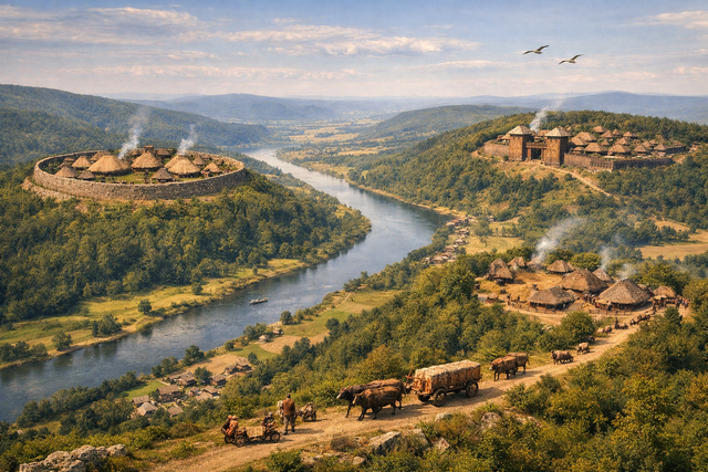 Kelten bei uns: Es zeigt das Maintal bei Miltenberg um 500 v. Chr. aus der Vogelperspektive. Links erhebt sich der mächtige Ringwall auf dem Höhenzug über Miltenberg, rechts oben das Oppidum mit Zangentor auf dem Centgrafenberg. Zwischen den beiden Höhen windet sich der Main tief unten durch Wälder und Felder, während Händler mit Ochsenkarren die Höhenwege passieren. Das warme Licht des Nachmittags legt sich über die keltische Landschaft – eine eindrucksvolle Darstellung der frühen Hochsiedlungen über dem Flusstal. Bildgestaltung Roland Schönmüller 