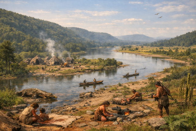 Vor rund 10 000 Jahren begann die erste Besiedelung des Maintals bei Miltenberg. Vom Hang der heutigen Haagsaussicht blickt man hinab auf ein junges Flusstal mit weiten Auen, Inseln und dichten Wäldern. Am Ufer leben die ersten Menschen in einfachen Hütten aus Holz und Tierhäuten, sie fischen mit Speeren, rösten Fleisch über offenen Feuern und fahren mit Einbäumen über den ruhigen Main. Rauch steigt über den Hütten auf, Vögel kreisen über dem Wasser – ein friedlicher Morgen in der frühen Geschichte des Mains, als Natur und Mensch noch eins waren. Bildgestaltung Roland Schönmüller