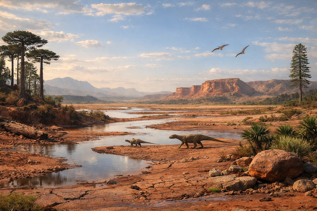 Vor rund 235 Millionen Jahren lag das Gebiet um Miltenberg in einer weiten, heißen Senkenlandschaft aus rotem Sand und flachen Wasserläufen. Flussarme durchzogen das Wüstenbecken, in dem frühe Reptilien und Koniferen lebten – eine Urlandschaft des Buntsandsteins, deren Farben und Formen bis heute im Gestein der Haagsaussicht fortleben. Fotogestaltung Roland Schönmüller 