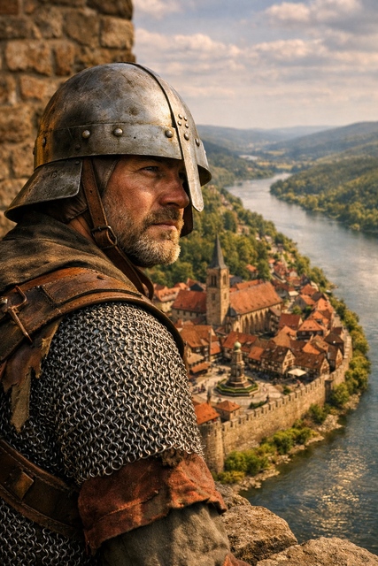 
Ein mittelalterlicher Soldat steht auf der Mildenburg hoch über Miltenberg und blickt wachsam ins weite Maintal. Das Licht des späten Nachmittags glimmt auf seinem Kettenhemd, der Stahlhelm mit Nasenschutz wirft einen schmalen Schatten über seine Augen. Hinter ihm ragen die verwitterten Sandsteinmauern der Burg auf, vor ihm breitet sich das Tal mit den roten Dächern der Altstadt und dem ruhig dahinströmenden Main aus. Ein Moment zwischen Pflicht und Weitblick – der Wächter über Miltenberg. Bildgestaltung Roland Schönmüller 