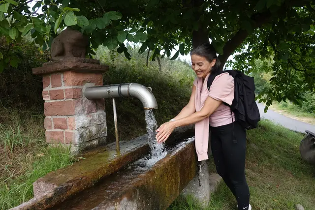 Radfahrer ziehen vorbei in Richtung Eichenbühl, leicht und rhythmisch wie der Fluss selbst. Eine Wanderin kommt aus Eichenbühl, läuft nach Pfohlbach, bleibt am sprudelnden Brunnen stehen, der am Ortseingang wie ein kleiner Jubel wirkt. Es ist ihr erster Urlaubstag, und man sieht ihr an, dass dieser Brunnen für sie mehr ist als Wasser – er ist Auftakt, Versprechen, Befreiung.
