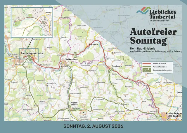 Der Autofreie Sonntag findet 2026 im südlichen Taubertal statt: Die Karte zeigt die für den motorisierten Verkehr gesperrte Taubertalstraße mit den Umfahrungs- und Querungsmöglichkeiten in der Übersicht.  | Foto: Grafik: TLT