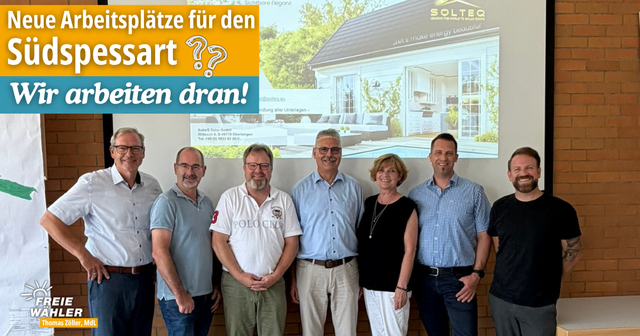 Auf dem Foto zu sehen v.l.n.r.: Thomas Zöller MdL, BGM Stadtprozelten Steffen Paul, Vertriebsdirektor SolteQ Solar GmbH Axel Krusch, BGM Collenberg Andreas Freiburg, BGM Dorfprozelten Lisa Steger, BGM Altenbuch Thorsten Nitschke, BGM Faulbach Philipp Konrad.  | Foto: Bürgerbüro Thomas Zöller MdL