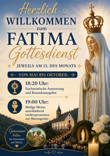 Flyer für Fatima Gottesdienste auf dem Engelberg  jeweils am 13. der Monate Mai bis Oktober