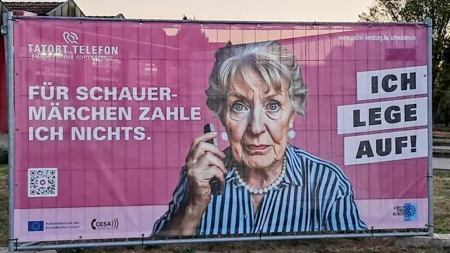 Banner zur Aktion "Ich leg auf" - Schockanrufe und Telefonbetrug - Prävention schützt! Das Banner zeigt eine ältere Person am Telefon mit Warntexten "Für Schauermärchen zahle ich nichts. ICH LEGE AUF!"