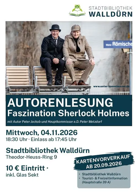 Das Bild zeigt den Autor Peter Jackob sowie Hauptkommissar a.D. Peter Metzdorf sowie Informationen zur Lesung am 4.11.2026 in der Stadtbibliothek Walldürn, Theodor-Heuss-Ring 9, Walldürn | Eintritt 10 EUR inkl. 1 Getränk