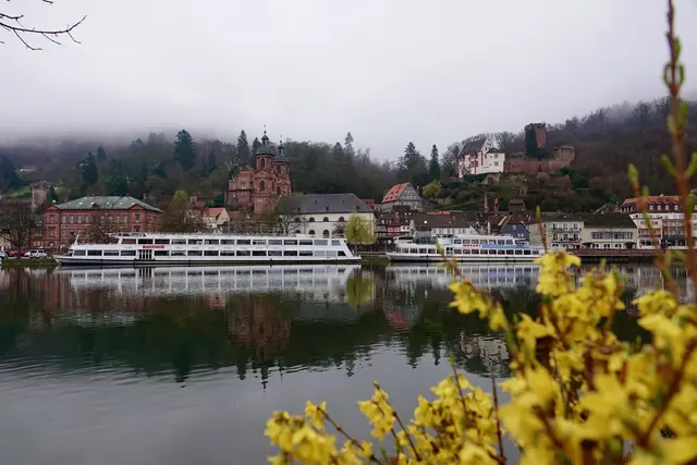Blick über den Main zur Mildenburg und Teilen der Miltenberger Altstadt am frühen März-Morgen
