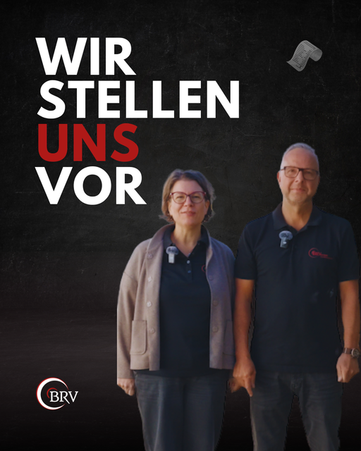 Barbara und Thomas Rehm, Inhaber der B.R. Vertrieb OHG in Kleinheubach, stehen nebeneinander vor einem dunklen Hintergrund. Links steht in großen weißen und roten Buchstaben „Wir stellen uns vor“. Unten links ist das Firmenlogo zu sehen.